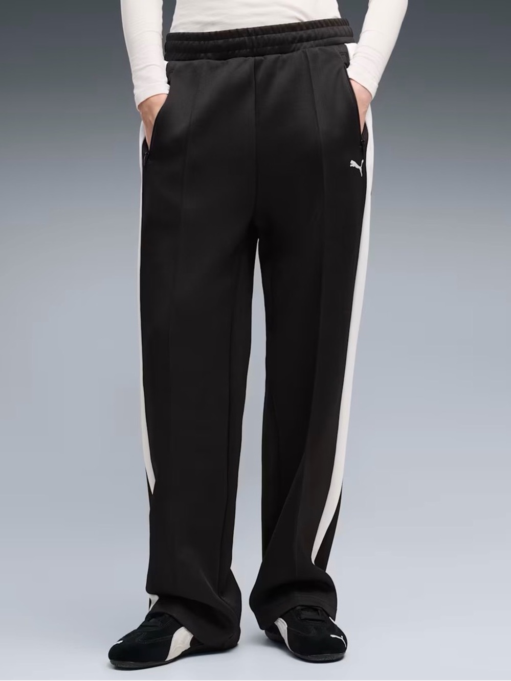 Puma Black Wide-Leg Track Pants with White Side Stripe